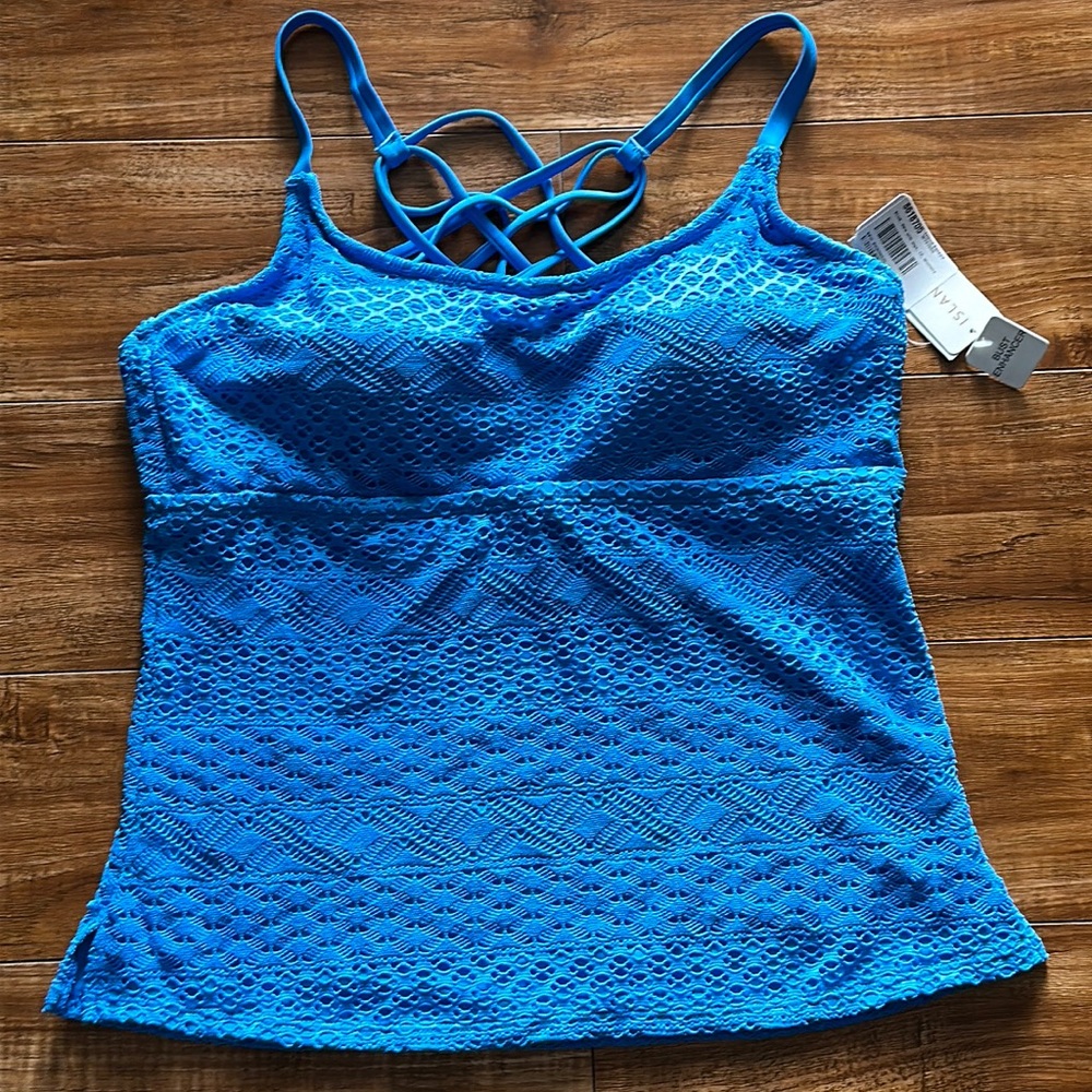 Island Escape Tankini Top Blue Crochet Size 12 NWT Bust Enhancer Strappy